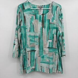 JM Collection Top Women XL White Teal 3/4 Sleeve Stretch Embroidered Artsy